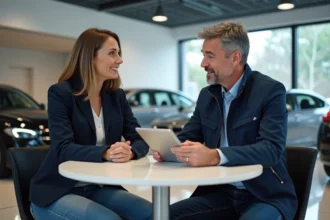 Homme en discussion avec une vendeuse dans un showroom automobile