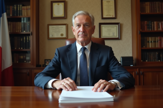 Homme en costume navy avec documents C54 dans un bureau officiel