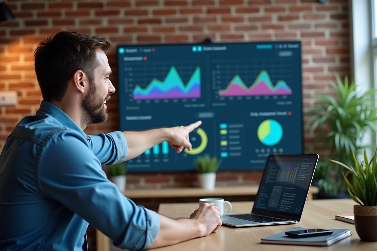 Homme en chemise pointant un tableau digital dans un espace de coworking