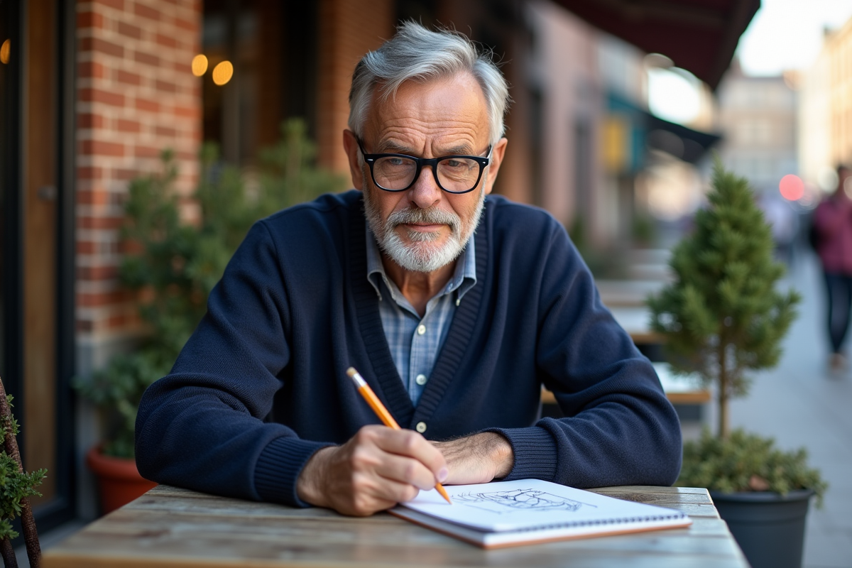 Homme esquisse un design dans un café urbain