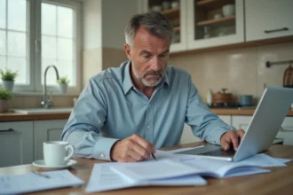 Homme au foyer consultant des documents administratifs suite à un licenciement économique