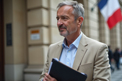 Homme d'âge moyen tenant un dossier devant un bâtiment officiel français