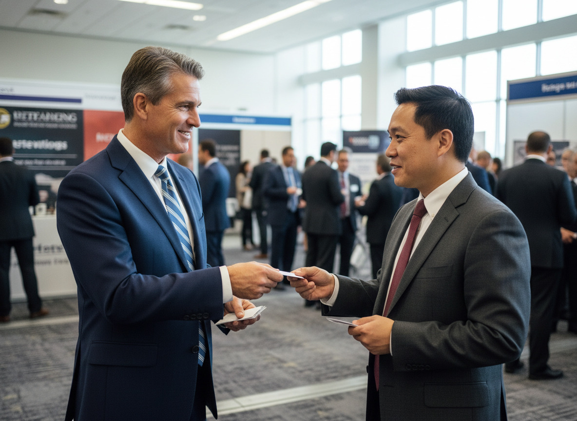 Homme en costume navy échangeant des cartes lors d
