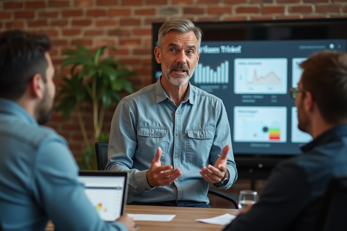 Homme d age moyen expliquant une campagne à ses collègues