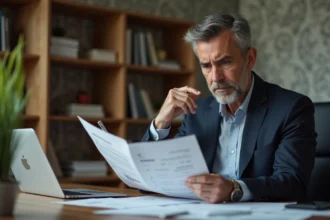 Homme d'affaires réfléchissant sur ses documents financiers à domicile