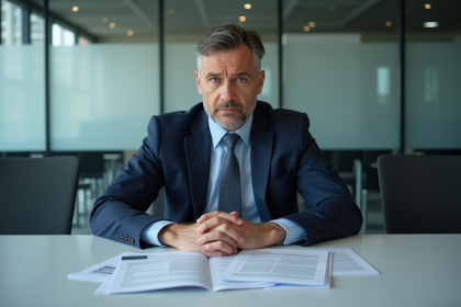 Homme inquiet en costume avec documents de dettes