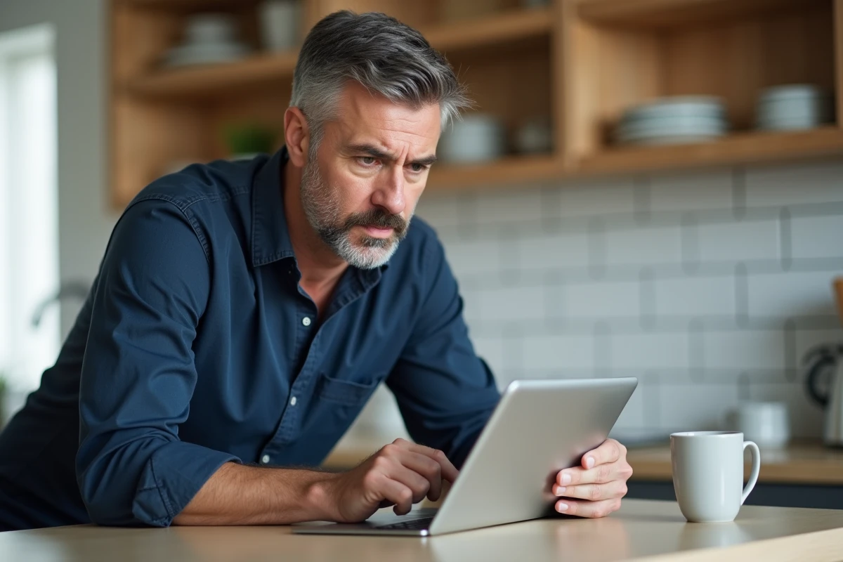 Homme consultant son espace MyPeopleDoc sur une tablette depuis son domicile