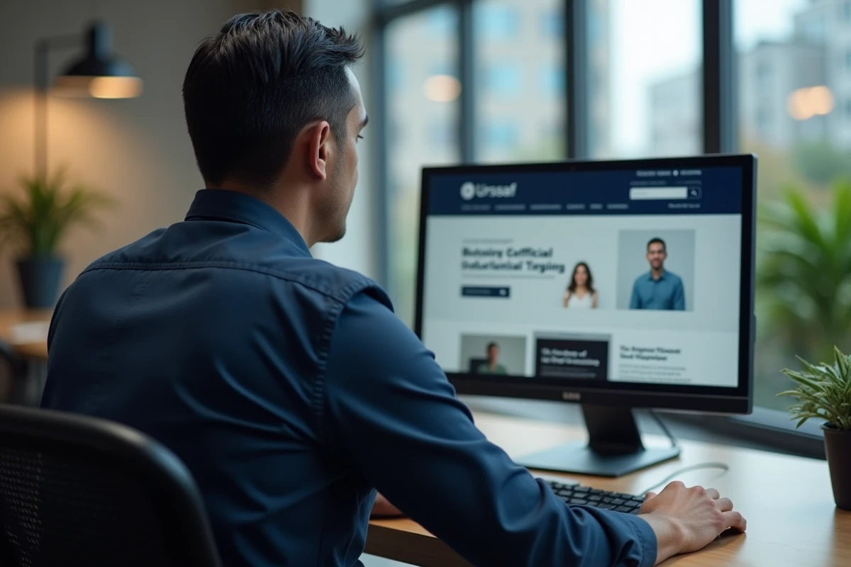 Homme au bureau utilisant un ordinateur avec site Urssaf visible