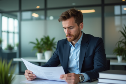 Homme en costume dans un bureau moderne en train de lire des documents