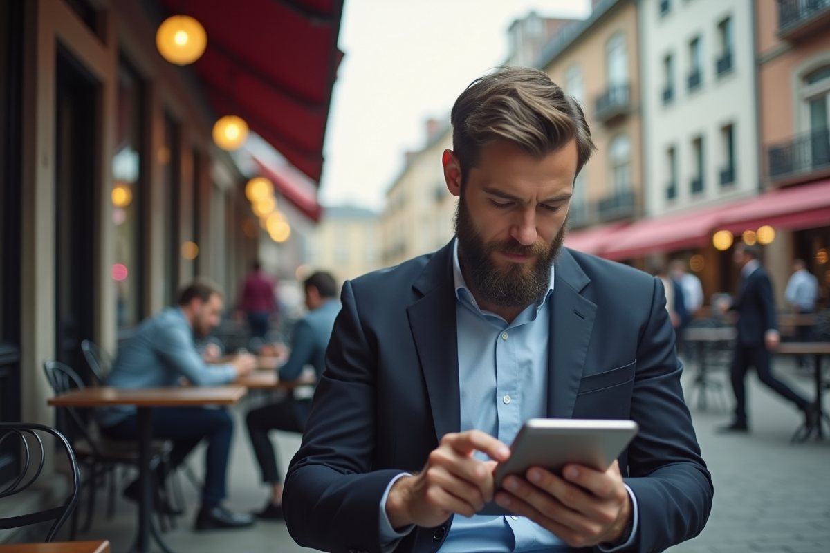 Homme en extérieur recherchant un emploi sur sa tablette au café