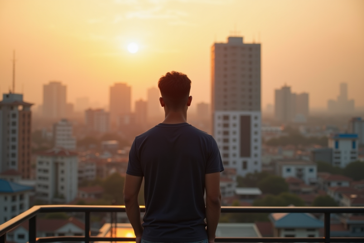 Homme confiant sur un toit avec vue sur Chiang Mai au coucher du soleil