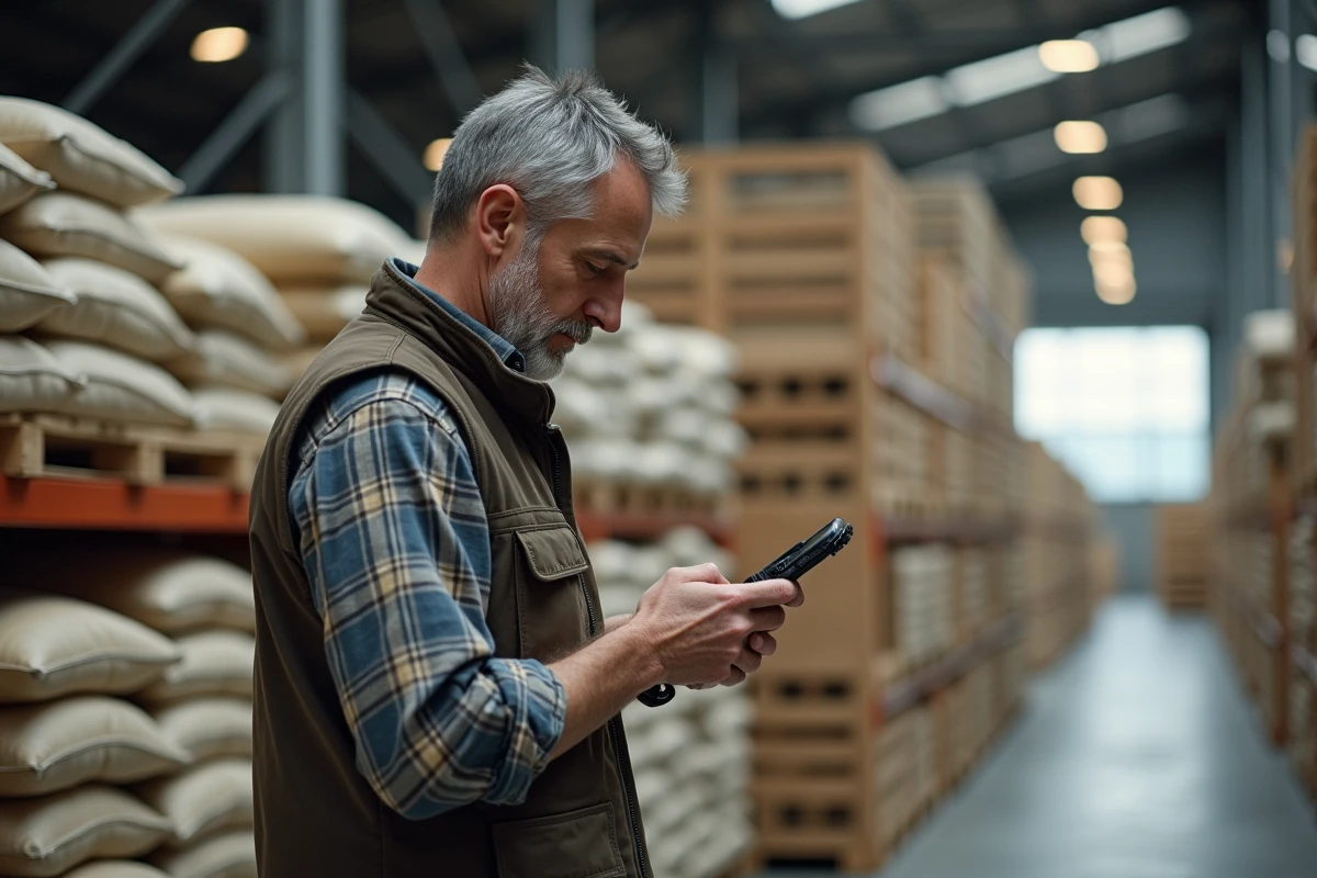 Homme vérifiant le stock de grains dans un entrepôt