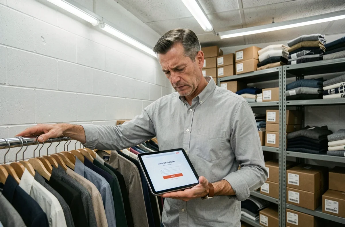 Homme dans un entrepôt de vêtements tenant une tablette affichant une erreur de connexion à une plateforme e-commerce mode