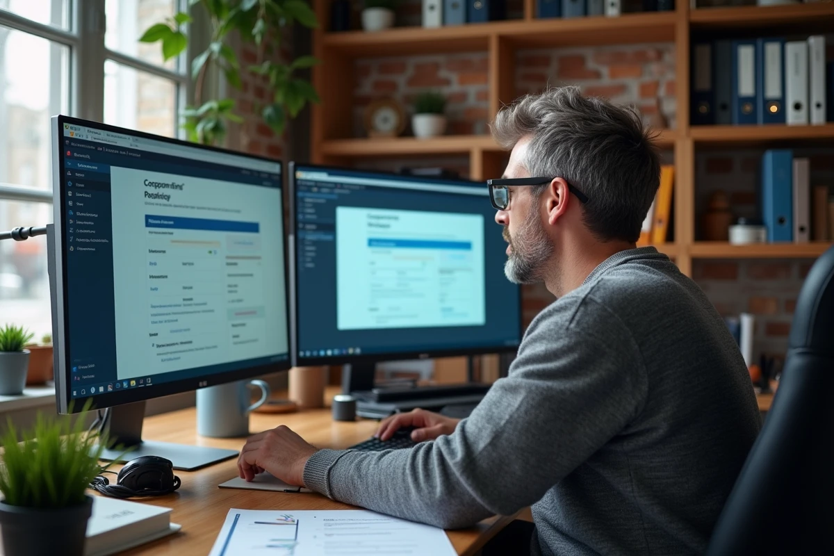 Homme en télétravail explorant les fonctionnalités avancées d'un extranet professionnel sur double écran