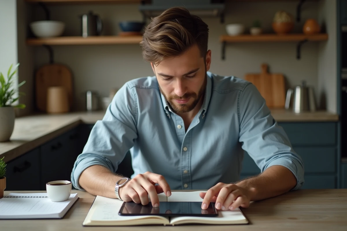 Homme utilisant une tablette dans la cuisine