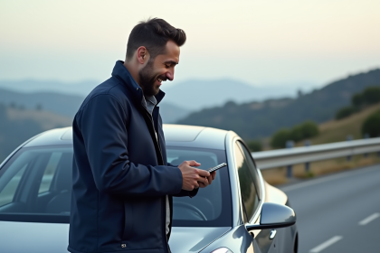 Homme souriant à côté d'une voiture électrique moderne