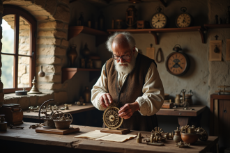 Horloger ancien assemble un mécanisme d'horloge