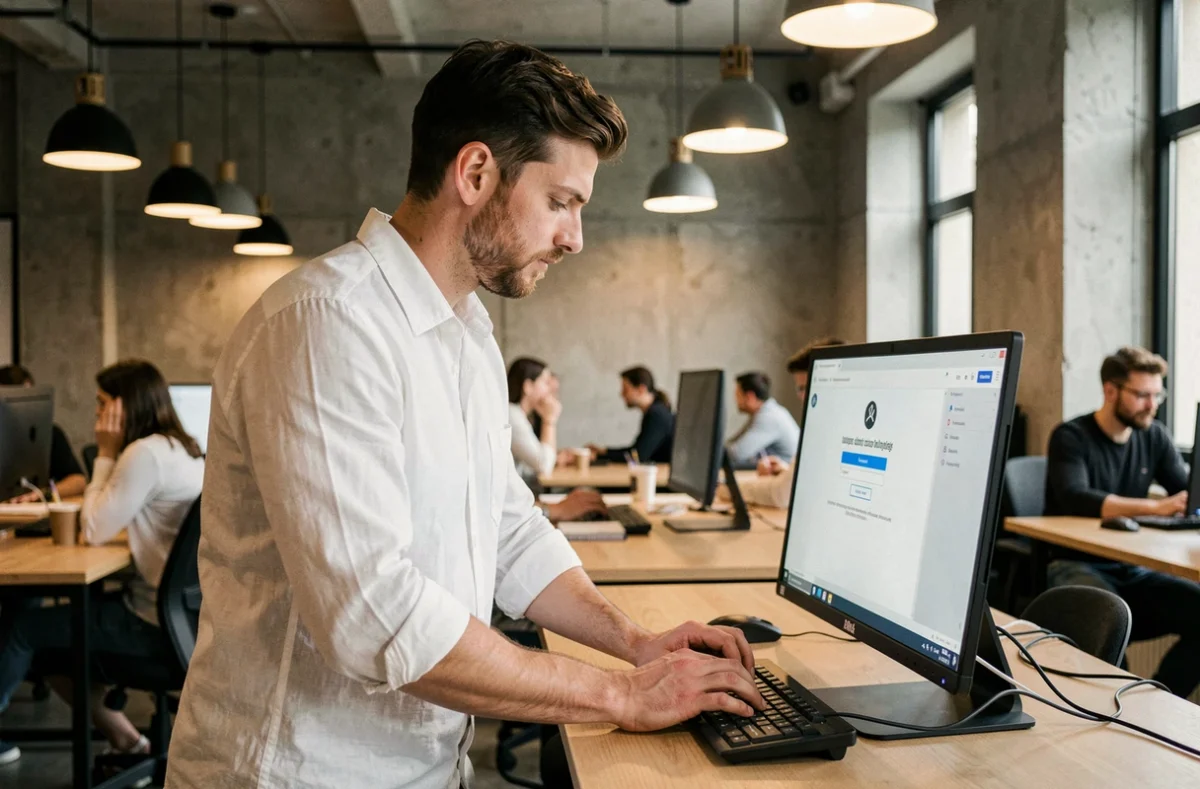 Jeune professionnel saisissant ses identifiants réseau pour accéder au portail RH BNP Paribas en espace de coworking