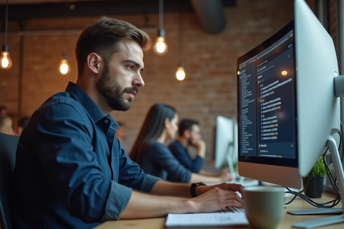 Travailleur indépendant consultant le site Urssaf sur un ordinateur dans un espace de coworking moderne