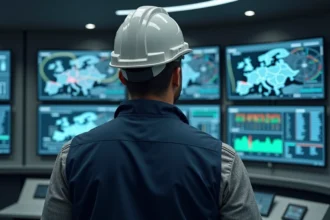 Ingénieur du réseau électrique devant un panneau de contrôle dans une salle de commande moderne, illustrant la gestion des échanges non programmés d'électricité