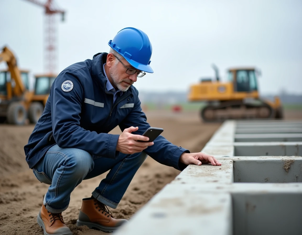Inspecteur de sécurité BTP vérifiant des fondations sur chantier avec un rapport d'inspection numérique sur smartphone