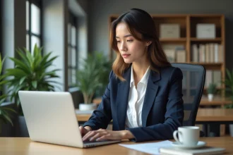 Jeune femme professionnelle travaillant sur un ordinateur dans un bureau moderne