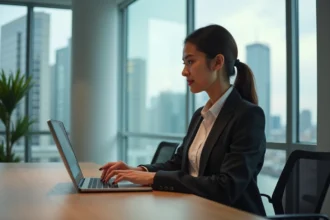 Jeune femme professionnelle avec ordinateur dans un bureau lumineux