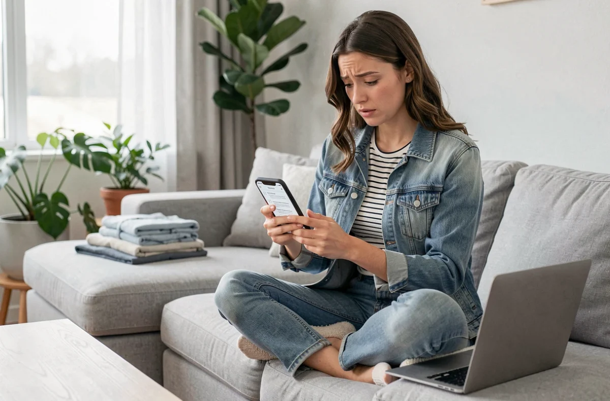 Jeune femme assise sur un canapé vérifiant une check-list de dépannage sur son téléphone avant de contacter le support d'un site de mode en ligne