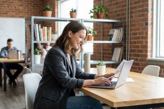 Jeune femme concentrée dans un espace coworking moderne