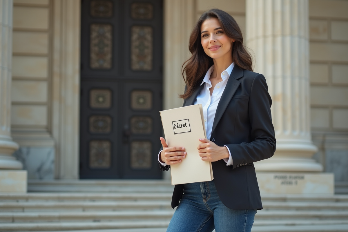 Jeune femme souriante devant un bâtiment officiel