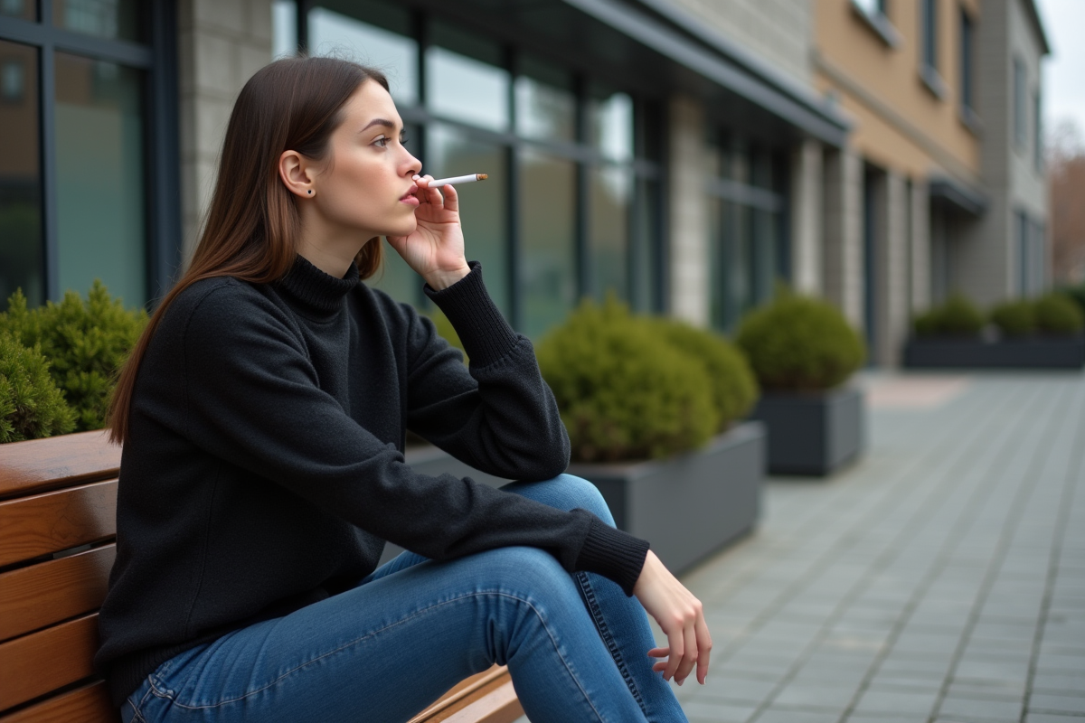 Jeune femme assise sur un banc extérieur en réflexion