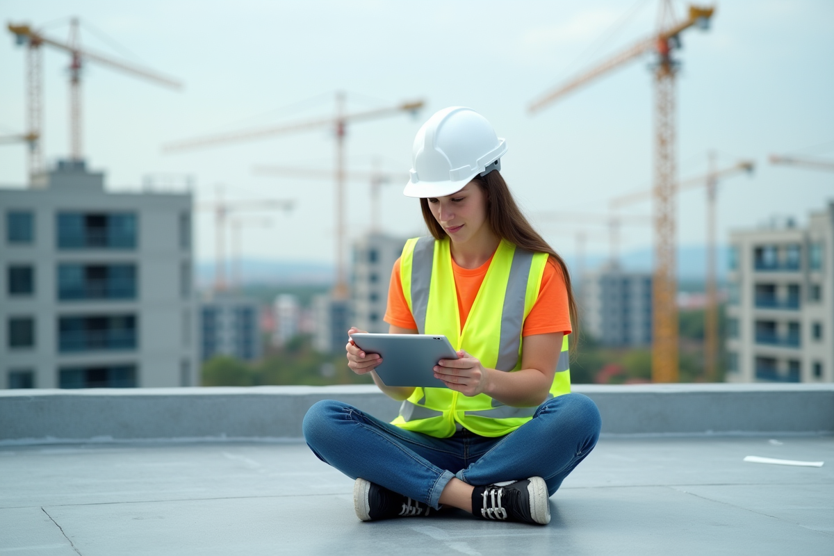 Jeune femme couvreuse avec tablette sur toit urbain