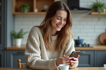 Jeune femme en jean et pull cosy en vidéo chat