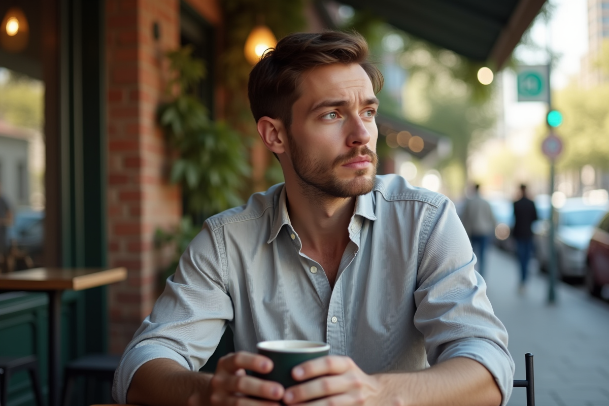 Jeune homme pensif dans un café en plein air