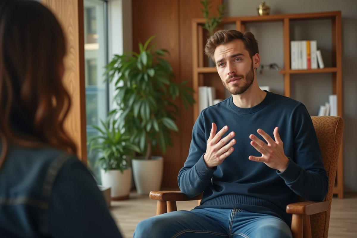Jeune homme en discussion dans un espace moderne