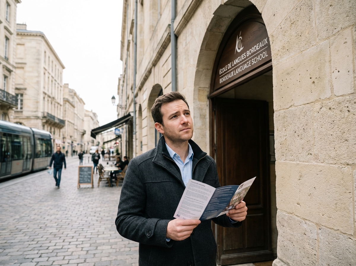 Jeune homme lisant brochure devant une école à Bordeaux