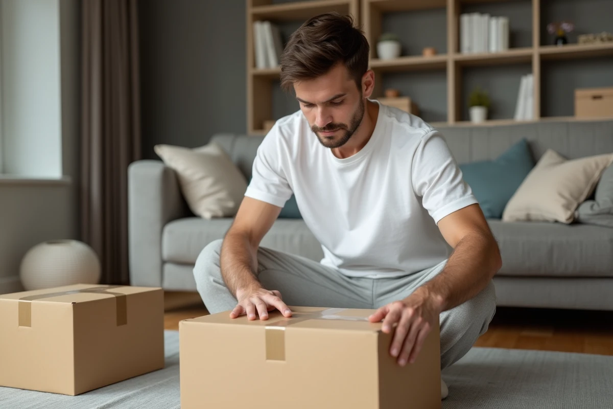 Jeune homme préparant des colis dans un salon moderne