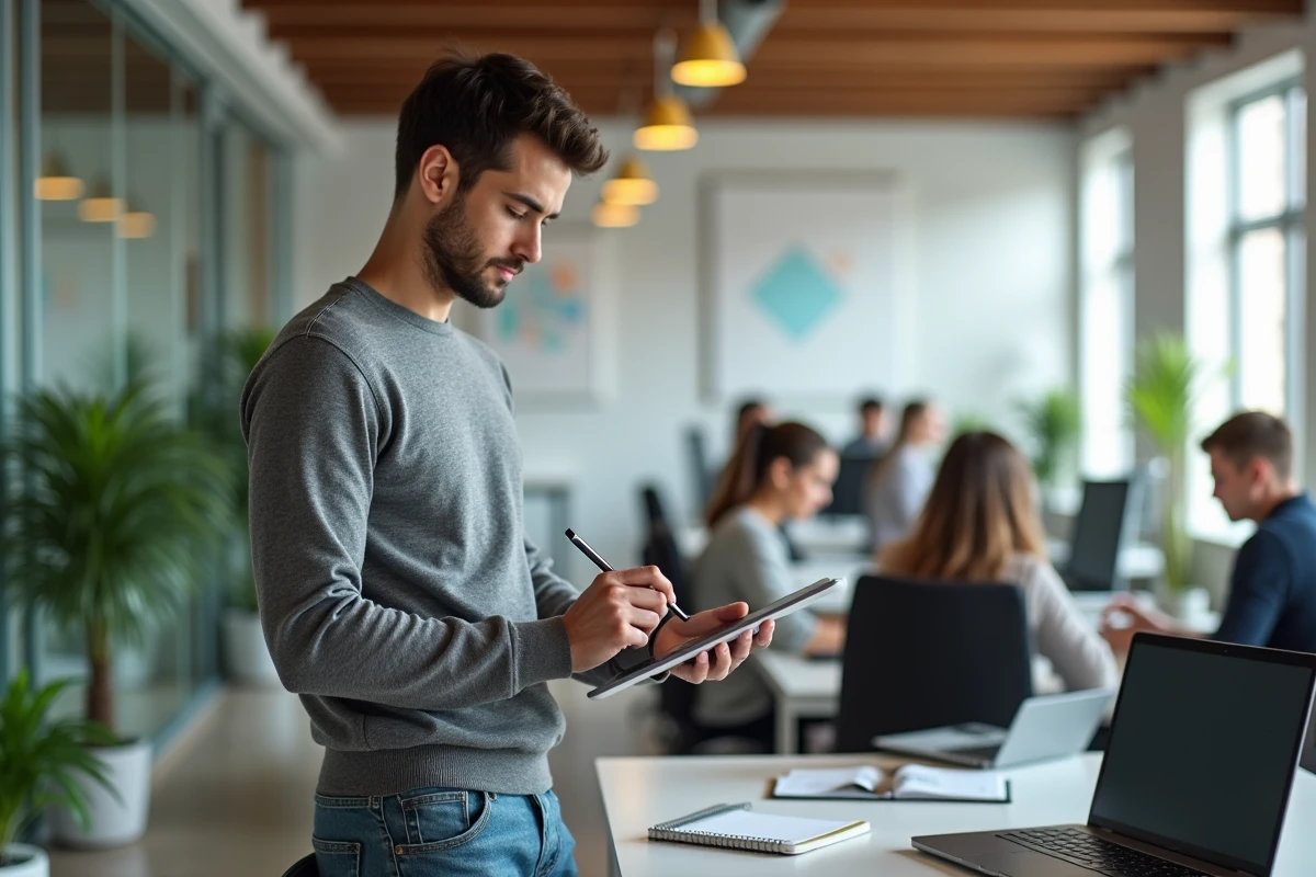 Jeune homme utilisant une tablette dans un espace coworking