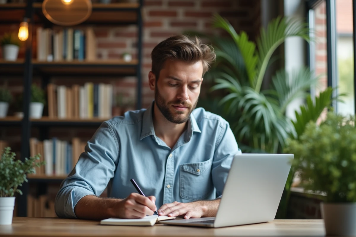 Jeune homme concentré travaillant à son bureau moderne