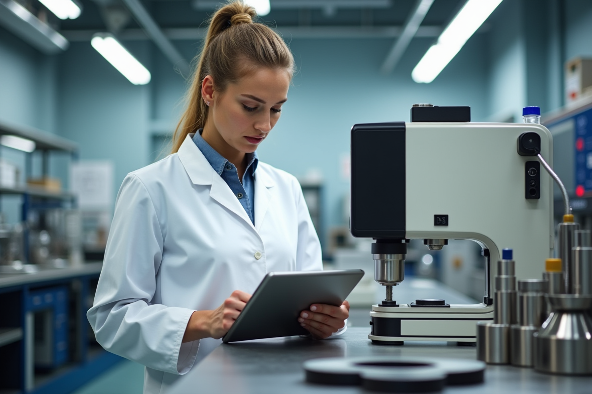 Jeune ingénieure enregistrant des résultats avec un testeur de dureté