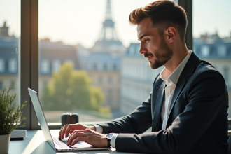 Jeune professionnel travaillant sur un ordinateur dans un bureau parisien lumineux