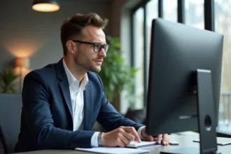 Jeune homme professionnel travaillant dans un bureau parisien