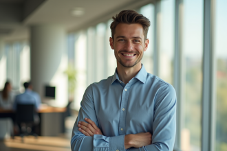 Jeune professionnel confiant dans un bureau lumineux