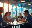 Groupe de jeunes professionnels en réunion dans un bureau lumineux