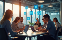 Groupe de jeunes professionnels en réunion dans un bureau lumineux