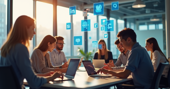 Groupe de jeunes professionnels en réunion dans un bureau lumineux