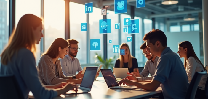 Groupe de jeunes professionnels en réunion dans un bureau lumineux
