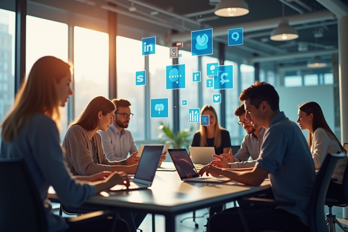 Groupe de jeunes professionnels en réunion dans un bureau lumineux