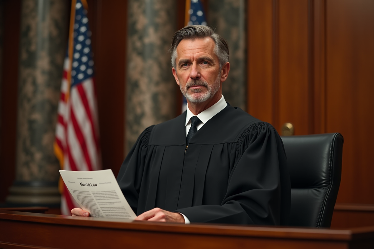 Juge en robe noire tenant un document loi martiale dans un tribunal