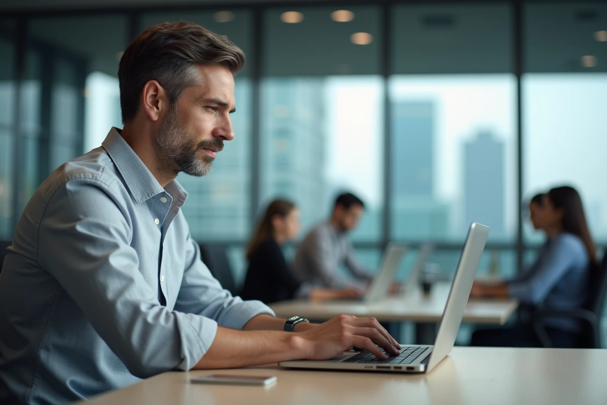 Homme en bureau open space tapant une lettre de démission sur ordinateur portable